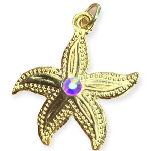 Vintage Gold Tone Metal Starfish Pendant 1" Gold Aurora Borealis Rhinestone